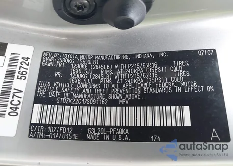 2007 Toyota Sienna Xle z USA, uszkodzony, nr VIN 5TDZK22C17S091162